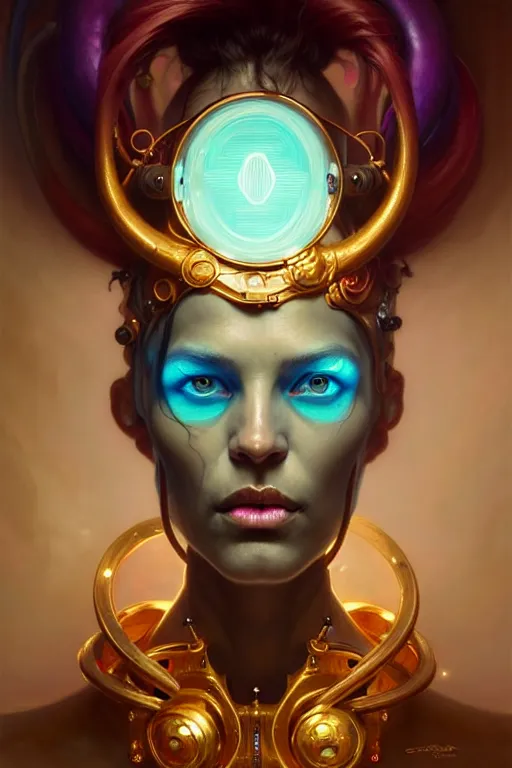 Image similar to portrait, bioluminescent druid, cyberpunk, elegant baroque, asymmetrical art, hyperrealism, colorful, vivid, imposing, epic, abstract texture, gold leaf texture, artstation, concept art, by peter mohrbacher and wlop and rhads and artgerm and magali villeneuve and alphonse mucha