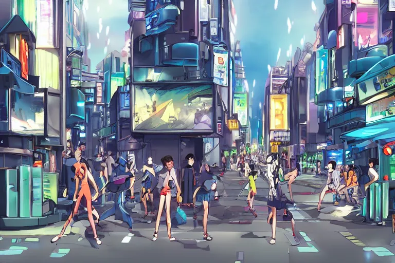 Prompt: futuristic city street with people fighting, anime