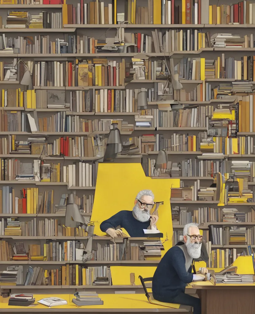 Image similar to Middle-aged professor with a short gray beard and short spiky hair wearing a yellow sweater sits at desk in his study with a expansive bookshelf crammed with books in the background, hyperrealistic, portrait, concept art, illustration, 8k, artstation, digital painting