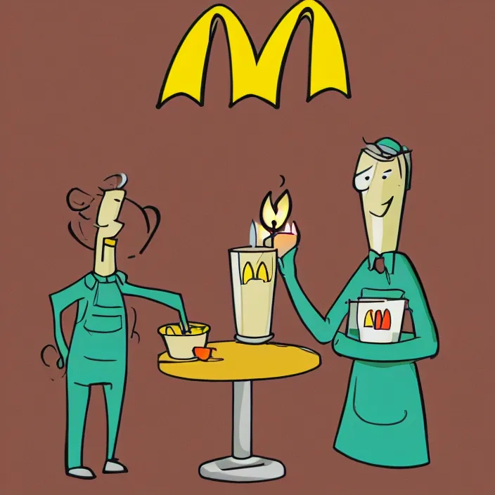 Prompt: a cartoon of a mcdonald's employee holding a candle