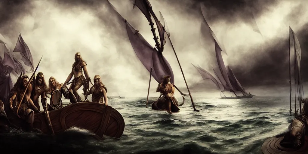 Image similar to vikings sailing a longship, by Rolf Armstrong and Evelyn De Morgan and Bastien Lecouffe-Deharme, dramatic lighting, high contrast colors, baroque, empyrean, panoramic view, as trending on Artstation, highly detailed, doom engine,