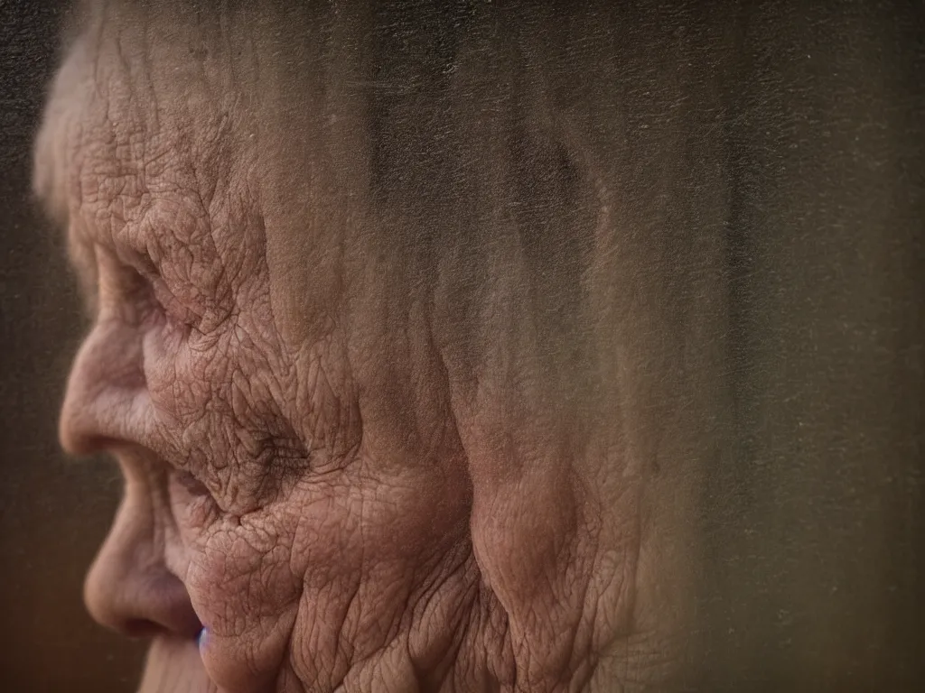 Image similar to close up portrait bust of old woman sitting on fence, looking outside, tired expression, faded color film, russian cinema, tarkovsky, technicolor, inside old cabin, next to window, heavy forest outside, long brown hair, old clothing, heavy fog, brown color palette, sunset, low light, hudson river school, 4 k, dramatic lighting