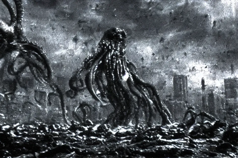 Prompt: still image taken from sci fi horror movie of a cthulhu attacking a city. low camera angle. 1 9 6 0.