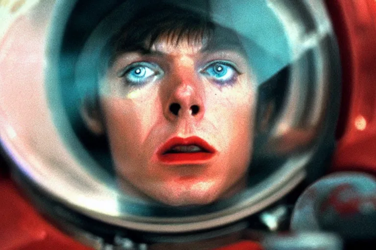 Image similar to scene from Stanley Kubrick\'s 2001: A Space Odyssey, ziggy stardust sees stars in his eyes, amazing cinematography