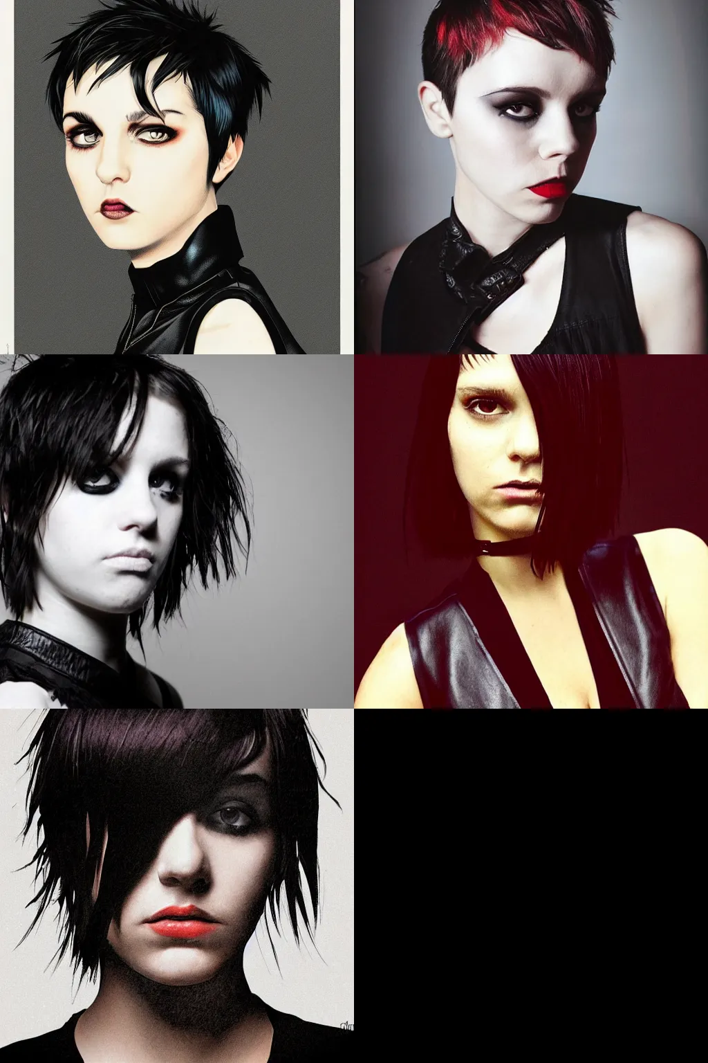 Prompt: an emo portrait by martin ansin. her hair is dark brown and cut into a short, messy pixie cut. she has a slightly rounded face, with a pointed chin, large entirely - black eyes, and a small nose. she is wearing a black tank top, a black leather jacket, a black knee - length skirt, and a black choker..