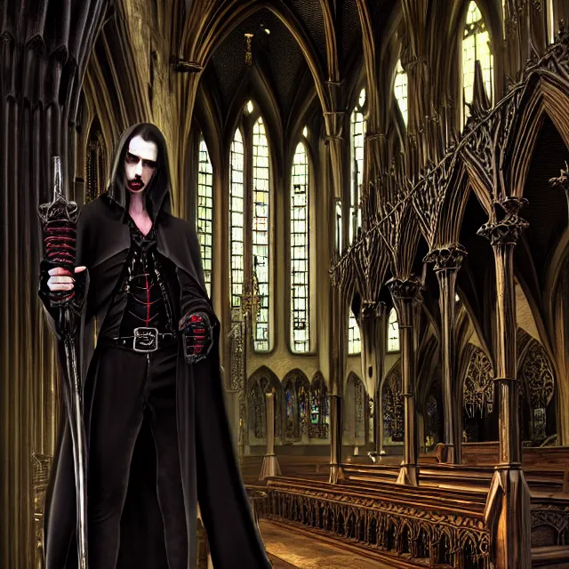 Prompt: a vampire warrior in a gothic church, highly detailed, 4 k, hdr, smooth, sharp focus, high resolution, award - winning photo, illustrated by anne stokes, photorealistic