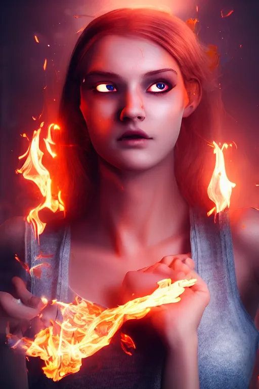 Prompt: gorgeous young blonde woman playing with flames coming out of her eyes wearing t-shirt, cyberpunk, realistic, high definition, many details, dramatic scene, symmetrical face, realistic eyes, unreal engine art 5