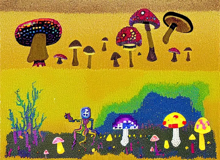 Image similar to pixel decollage painting golden armor alien zombie horseman riding on a crystal bone dragon broken rainbow diamond maggot horse in a blossoming meadow full of colorful mushrooms and golden foil toad blobs in a golden sunset, distant forest horizon, painted by Mark Rothko, Helen Frankenthaler, Danny Fox and Hilma af Klint, pixelated, neo expressionism, semi naive, rich deep colors, cinematic, color field painting, cave painting, voxel, pop art look, outsider art, minimalistic. Bill Traylor painting, part by Philip Guston and Francis Bacon. art by Adrian Ghenie, 8k, extreme detail, intricate detail, masterpiece