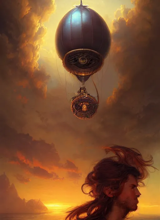 Image similar to portrait painting of a handsome face rugged long hair crimson hair male pirate, top half portrait soft hair steampunk ornate zeppelin blimp airship in the background sky sunset golden hour fantasy soft hair deviantart book cover art dramatic volumetric lighting art by stephan martiniere wlop greg rutkowski gaston bussiere