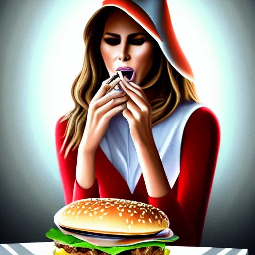 Prompt: portrait of Melania Trump eating hamburgers, extra onions and ketchup, luscious patty with sesame seeds, feminine ethereal, holy sacred light rays, handsome, volumetric light, american flag themed background, MAGA hat, D&D, fantasy, intricate, elegant, highly detailed, digital painting, artstation, concept art, matte, sharp focus, illustration, art by Artgerm and Greg Rutkowski and Alphonse Mucha