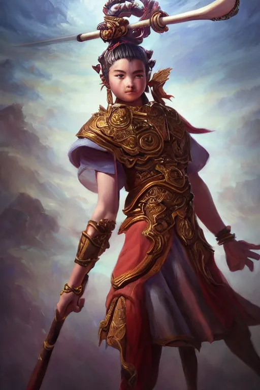 Image similar to a masterpiece portrait of nezha, handsome kid wear holding spear, fantasy character portrait, hyper detailed, digital painting, 8 k realistic, trending on artstation, sharp focus, dof, by ne zha ( 2 0 1 9 ), fenghua zhong, artgerm, ne zha from smite, tsuyoshi nagano, top lighting