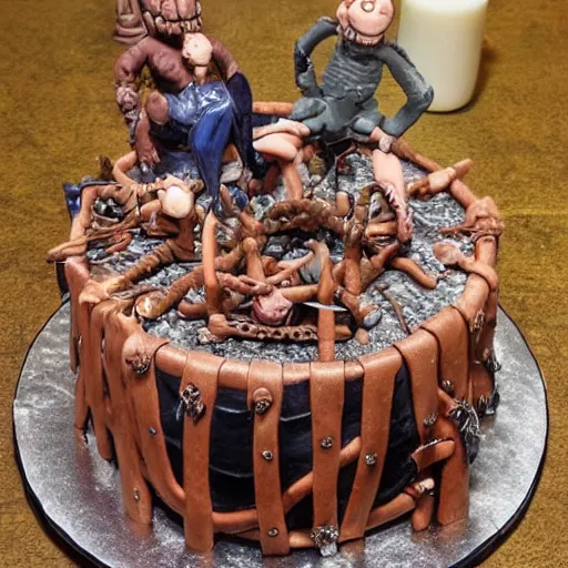 Prompt: realistic photo of a dungeon birthday cake