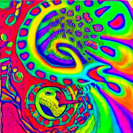 Image similar to a trippy colorful oil painting of a lizzard on a rock. psychedelic. dmt. fractals.