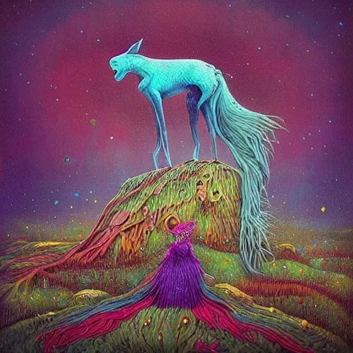 Prompt: surreal hybrid animals, nostalgia for a fairytale, magic realism, flowerpunk, mysterious vivid colors by andy kehoe and amanda clarke, highly detailed, insane details