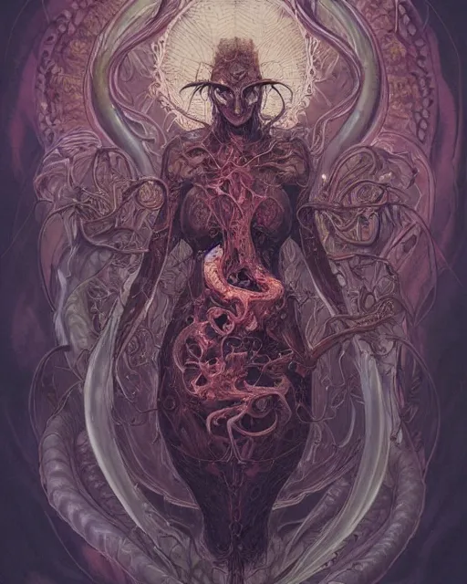 Prompt: perfectly centered portrait front view of a dead rotten daemon growing ornamentation, ornate, detailed, symmetrical, elegant, beautifully soft lit, by wayne barlowe, peter mohrbacher, kelly mckernan