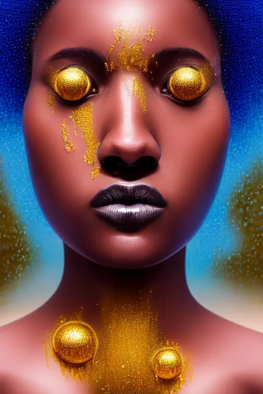 Prompt: hyperrealistic precisionist cinematic profile very expressive! black oshun goddess, in water! up to shoulders, mirror dripping droplet!, gold flowers, highly detailed face, digital art masterpiece, smooth eric zener cam de leon, dramatic pearlescent turquoise light on one side, macro low angle uhd 8 k, tilt shift