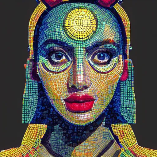 Prompt: mosaic portrait of a beautiful cute girl with robot ears, 4k, intricate details, digital, sun in the background