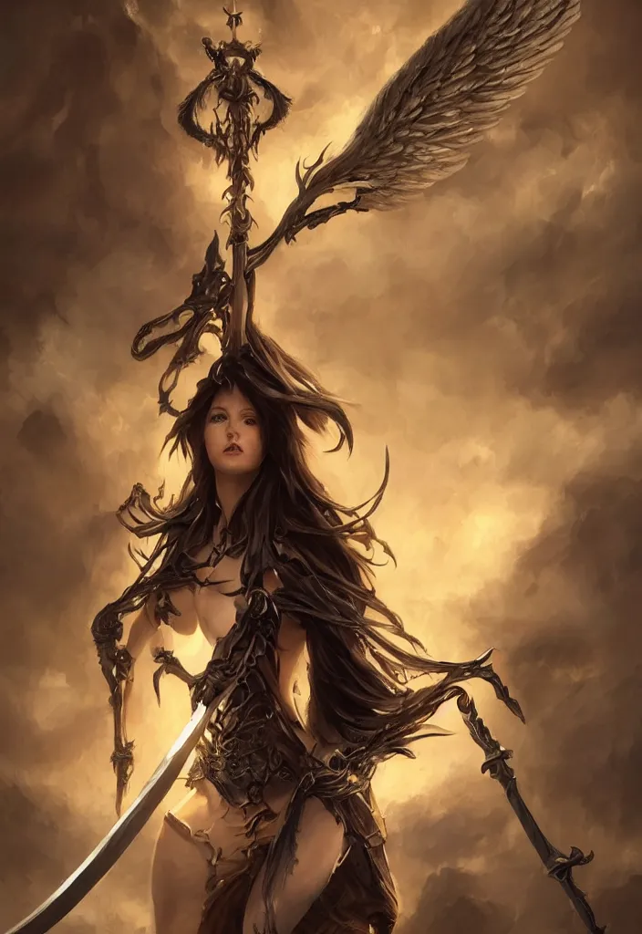 Prompt: towering female angel of death spear looking down at the camera, dramatic lighting, upshot, long curly dark hair, huge curving scythe, fantasy artstation, cgsociety, anatomical, 8 k, magical, award winning cinematography