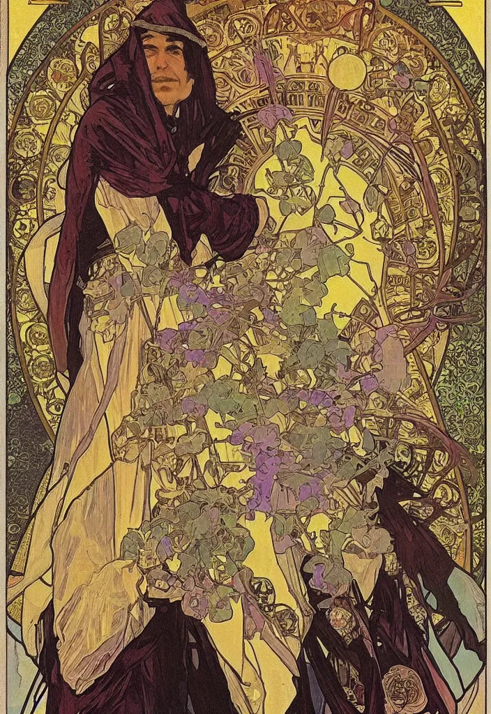 Image similar to Yoshua Bengio as the emperor on a tarot card, tarot in art style by Alphonse Mucha