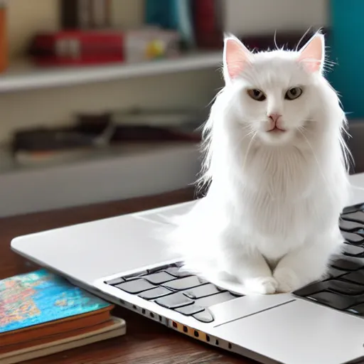 Image similar to long haired white cat creating a website on a laptop