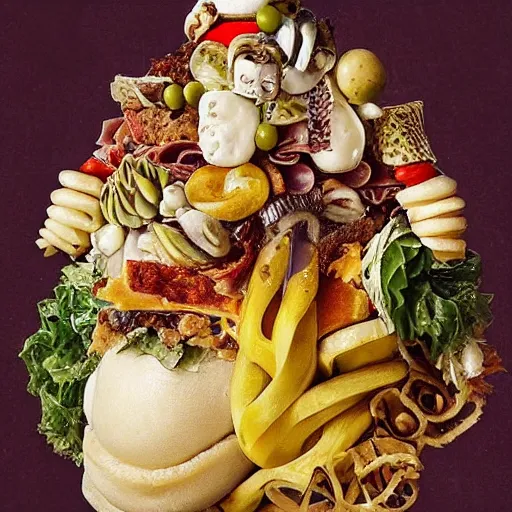 Image similar to a amazing new surrealist hybrid of a pope salad by giuseppe arcimboldo and kandinskali and catrin welz - stein, melting cheese, steamed buns, grilled artichoke, sliced banana, the pope, salami, milk duds, licorice allsort filling