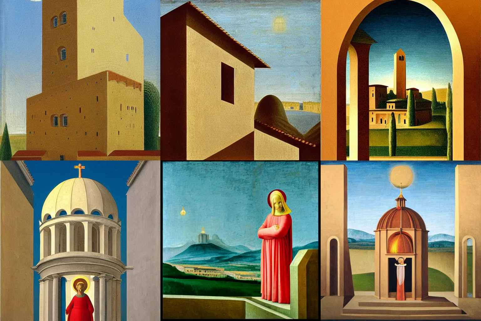 Prompt: artwork of a building and humanoid in a nice scenery in the style of fra angelico,