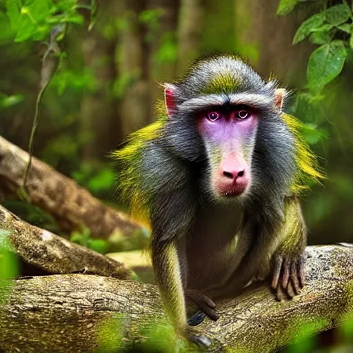 Prompt: iridescent rainbow colored baboon in a forest national geographic photograph detailed