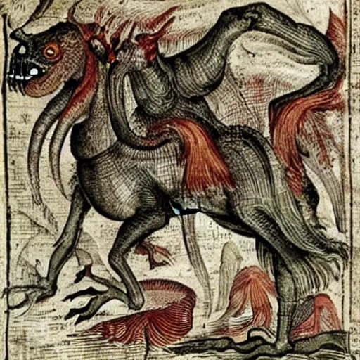 Image similar to medieval bestiary filled with uncanny grotesque beasts and freaky creatures