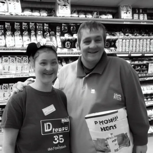 Prompt: happy lidl worker, 3 5 mm disposable camera