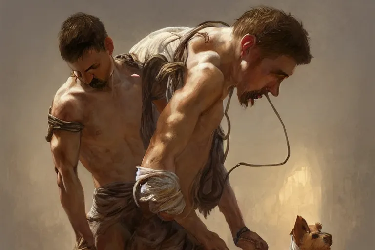 Image similar to a man tied to a pillar and jack russel terrier pissing on him, highly detailed, hyperrealistic digital painting, artstation, concept art, smooth, sharp focus, illustration, cinematic lighting, art by artgerm and greg rutkowski and alphonse mucha