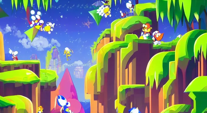 Image similar to Beauiful background level of a 2D Sonic game, Sonic: -1, video game art, pixel art, concept art, starry sky, dreamy and romantic, detailed, trending on artstation