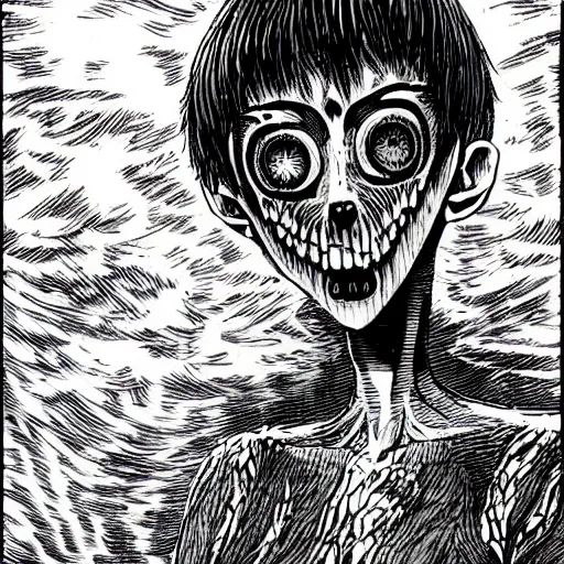 Image similar to manga panel of a skinwalker, junji ito, horror, scary, highly detailed,