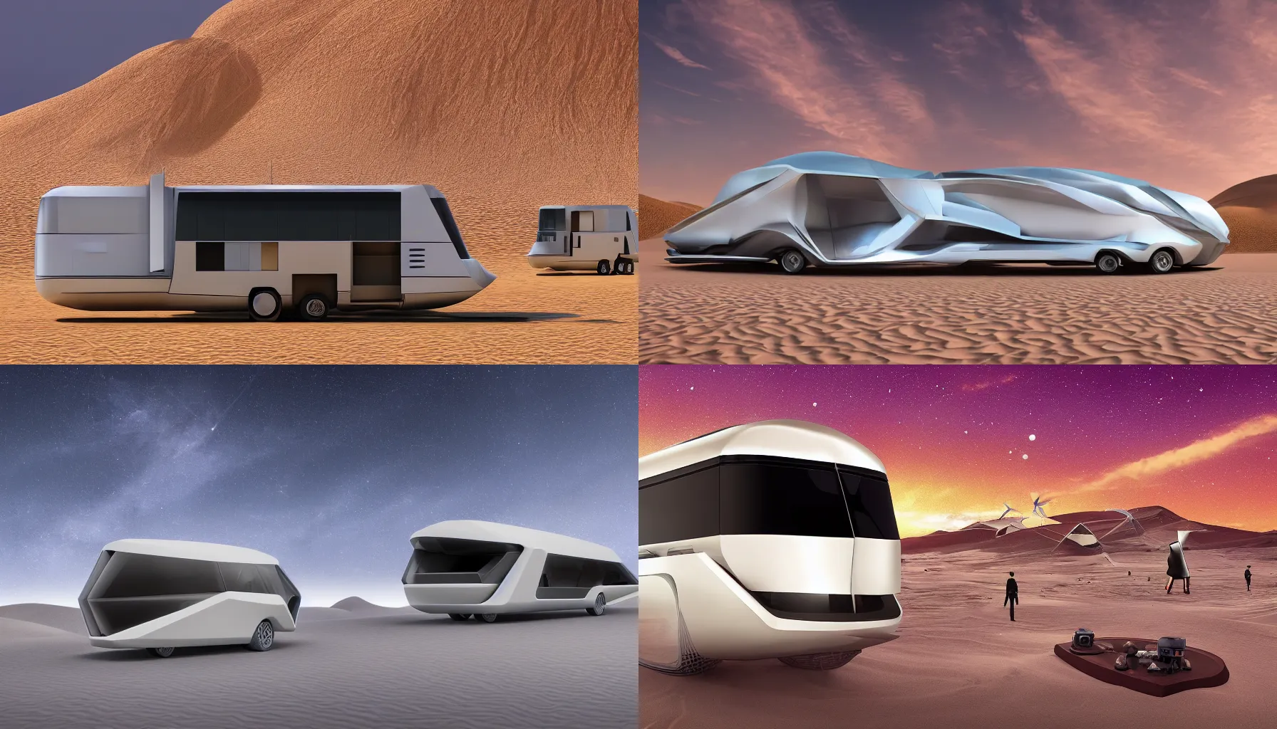 Prompt: professional photograph of a beautiful futuristic Winnebago designed by Buckminster Fuller and Zaha Hadid in a picturesque alien desert. Astronauts are camping nearby, racking focus, extreme panoramic, Dynamic Range, HDR, chromatic aberration, Orton effect intricate, elegant, highly detailed, digital painting, artstation, concept art, smooth, sharp focus, illustration, art by artgerm and greg rutkowski and alphonse mucha