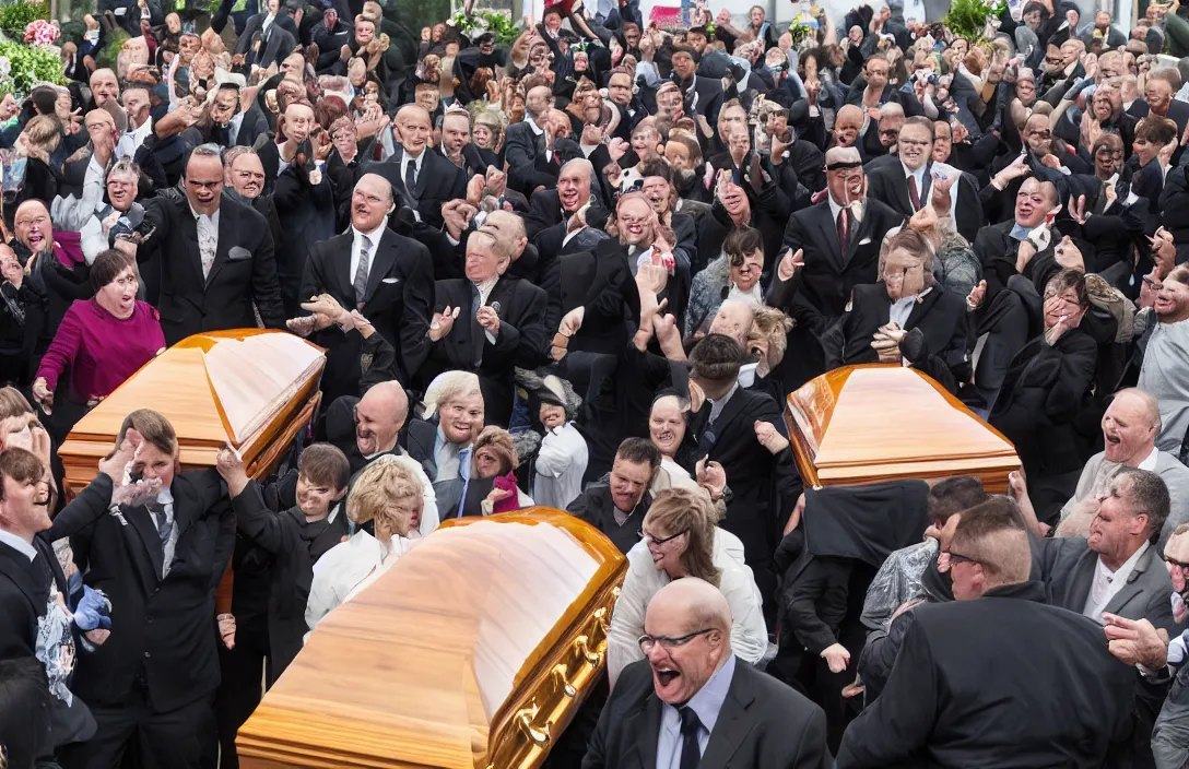 Prompt: People laughing and pointing at an open casket funeral