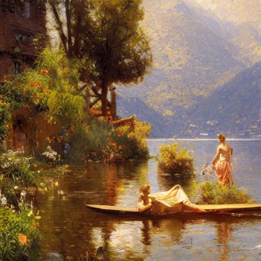 Image similar to detailed cinematic wide shot of lake como, ultra realistic, spring light, painting by gaston bussiere, craig mullins, j. c. leyendecker