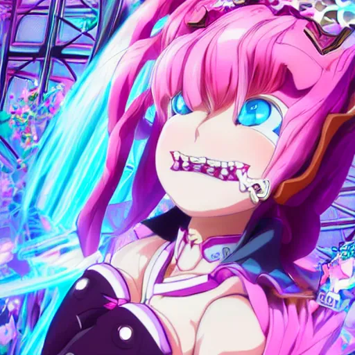 Prompt: stunningly beautiful omnipotent megalomaniacal anime asi goddess who looks like junko enoshima with symmetrical perfect face and porcelain skin, pink twintail hair and cyan eyes, traps you inside her surreal vr castle where she owns you completely with a haughty smile!!!, hyperdetailed, digital art from danganronpa, unreal engine 5, 8 k