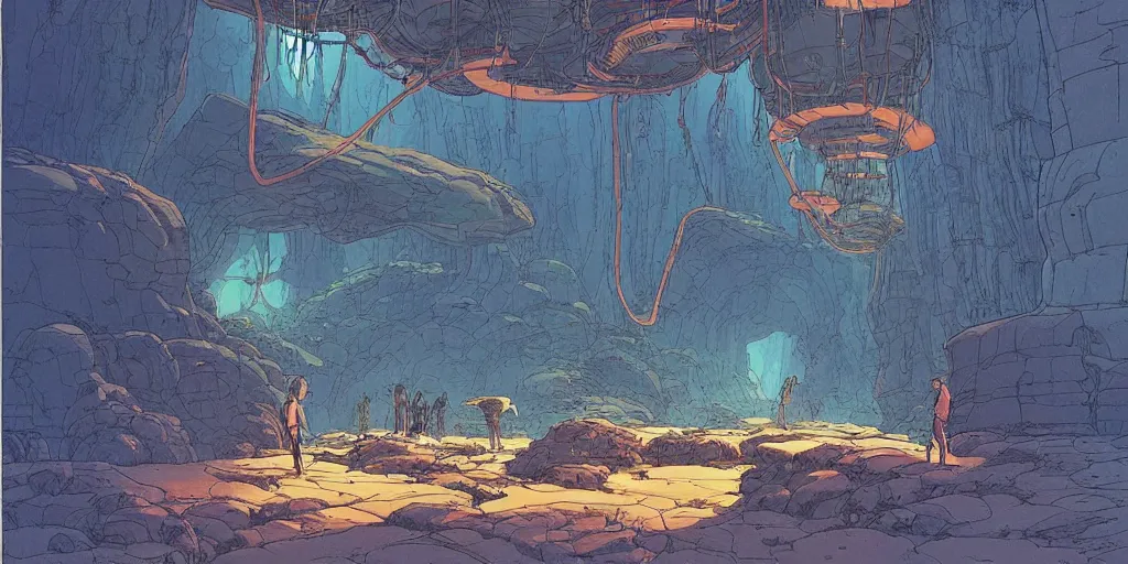 Image similar to natural cave with scifi huge experimental tanks and bizarre creatures in it , low ceiling, cables hanging from ceiling, thick cables on ground, ground perspective, computer screens, neons, top light , epic scene, 8k, illustration, art by ghibli moebius, comics art