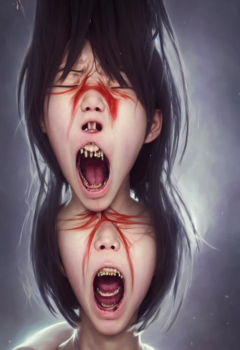 Image similar to beautiful render, waist up portrait of a futuristic cute japanese teenager screaming in anger and frustration, intricate, elegant, highly detailed, digital painting, artstation, concept art, smooth, sharp focus, octane render, dramatic lighting, symmetry, symmetrical face, one head, headshot, art by artgerm and greg rutkowski and alphonse mucha and wlop