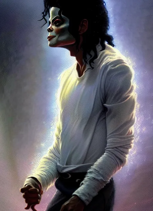 Image similar to masterpiece concept art, michael jackson meets god, by greg rutkowski, 8 k, intricate detail, cinematic lighting