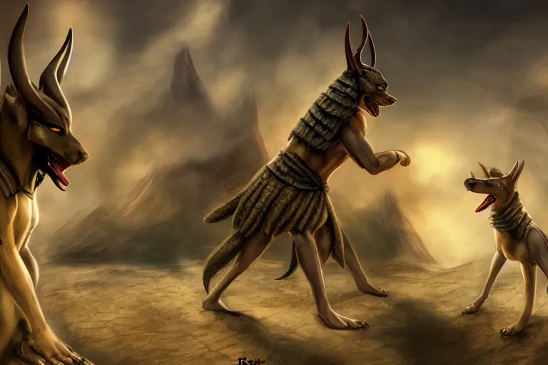 Image similar to battle to the death between anubis and bob ross, 4 k, hd, concept art