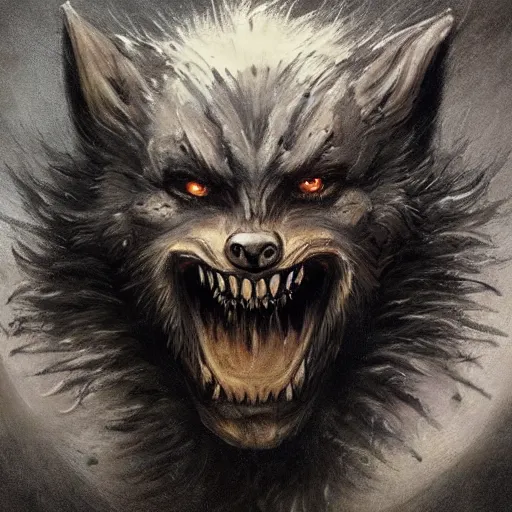 Prompt: werewolf lycanthrope monster makeup grinning grimpunk vile reprobate portrait portrait Wolfman Wolfman Fenrir with tombow odd nerdrum greg rutkowski frank frazetta alexandre briclot Dave Dorman splatterpaint