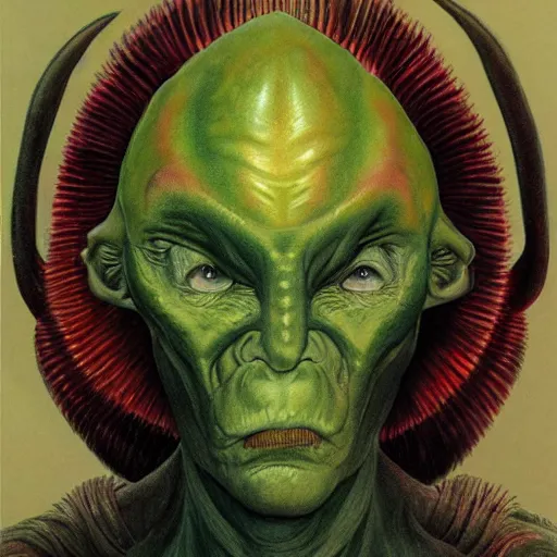 Prompt: realistic alien medium shot portrait with horns, green head. red eyes, human eyes, background flames, by wayne barlowe