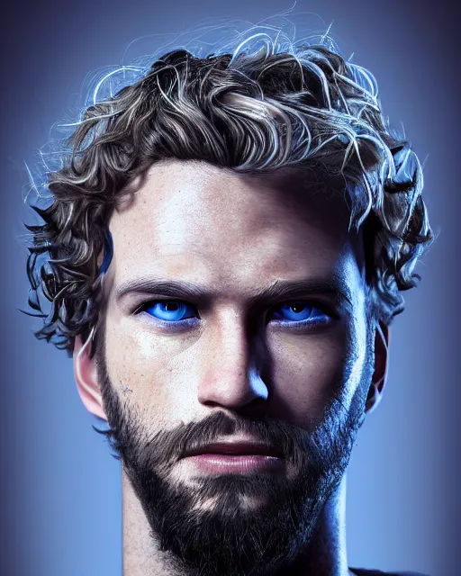 Image similar to portrait of a man in his mid - twenties with dull blue eyes, curly blond hair, short goatee, ultra realistic, epic, highly detailed, hd, sharp focus, cinematic lighting, realistic, dreamy, vivid colors, dreary, morose, matt painting, digital art, non blurry, sharp, artstation, concept art, smooth, comic book style, illustration