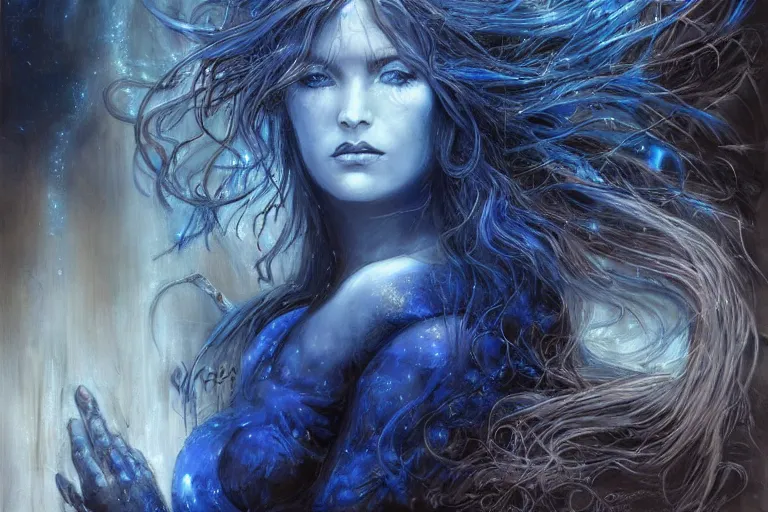 Image similar to masterpiece goddess of sorrow portrait, 3 0 years woman, melancholic face, long hair, digital painting by louis royo and julie bell, dark tenebrous blue background, antic temple background, cinematic light, aura effect, some chaotic sparkles, wind, unreal engine, artstation, deviantart, pinterest