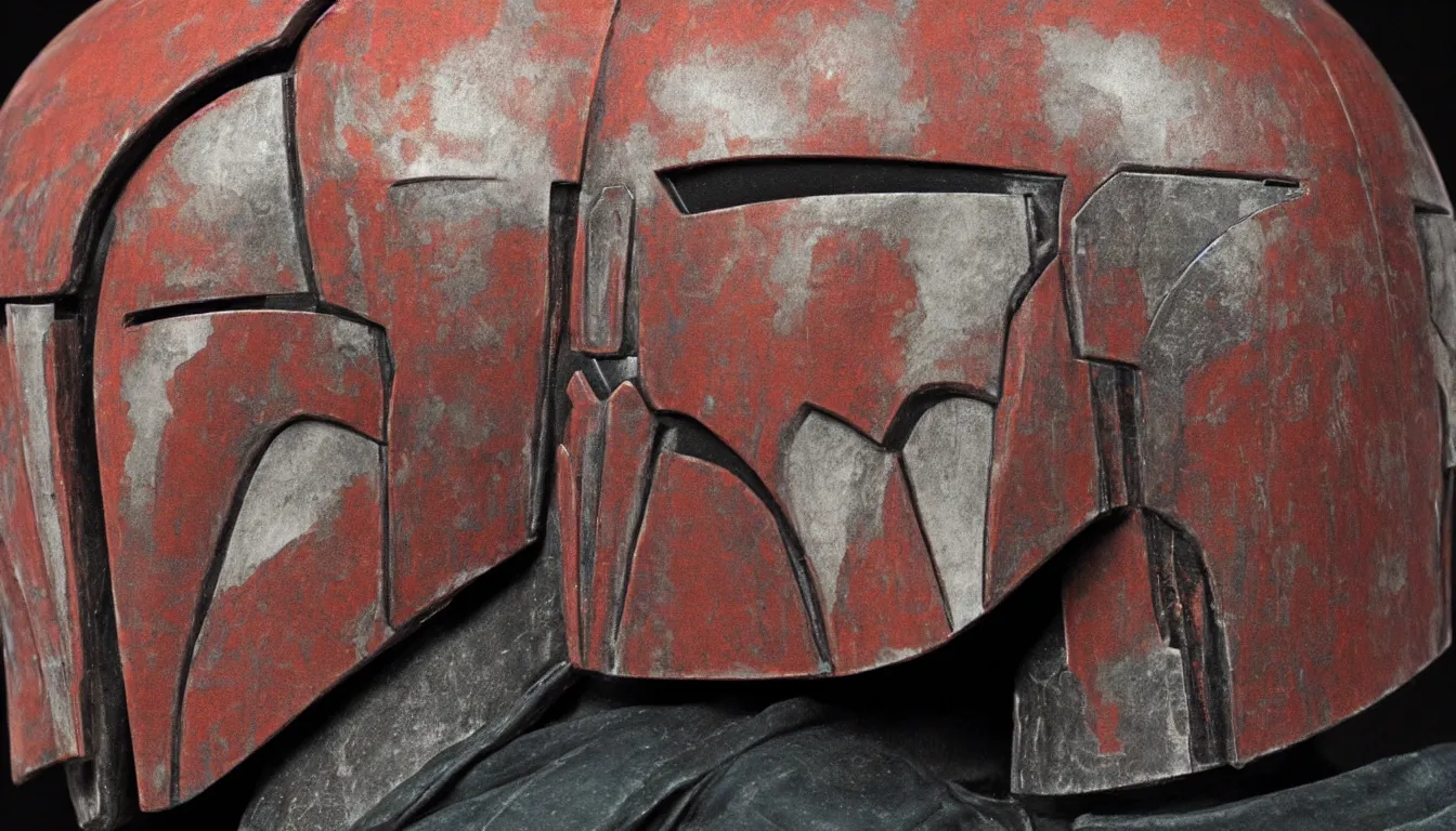 Image similar to side view of a head of mandalorian in thinking pose