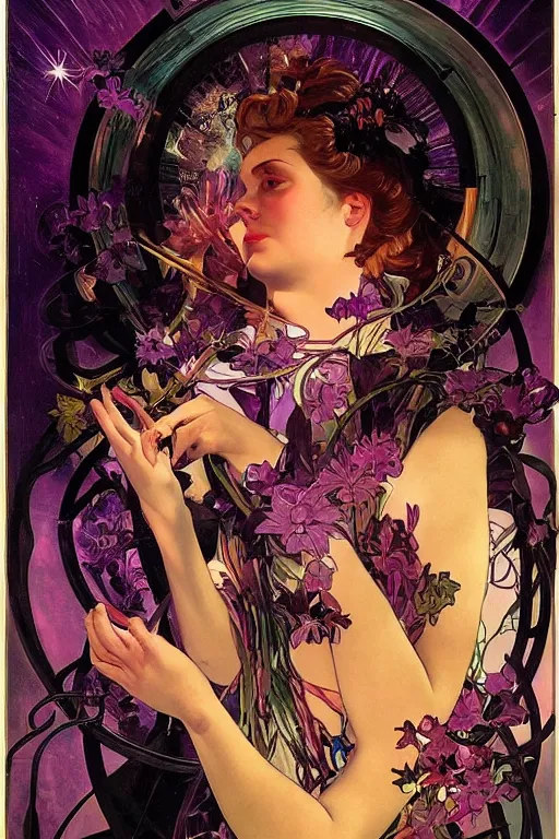 Image similar to she dreams of arcs of purple flame intertwined with glowing sparks, glinting particles of ice, dramatic lighting, steampunk, secret holographic cyphers, red flowers, bright neon solar flares, high contrast, smooth, sharp focus, art nouveau, painting by Caravaggio and Daytoner and Alphonse Mucha