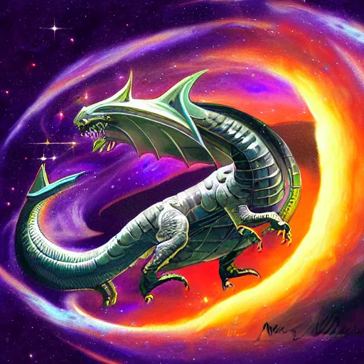 Image similar to space dragon, illustration by michael wellen, smooth shading, dynamic pose, hubble telescope