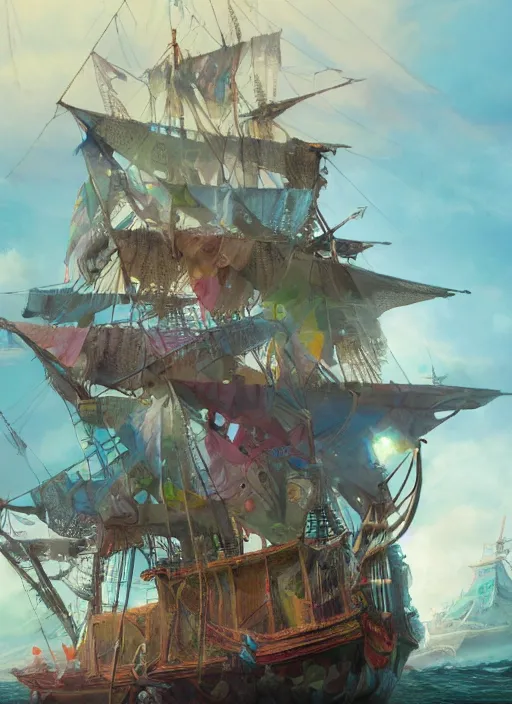 Image similar to detailed concept art illustration colorful pastel painting of a pirate ship in full intricate sails, ultra detailed, digital art, octane render, 4K, dystopian, micro details