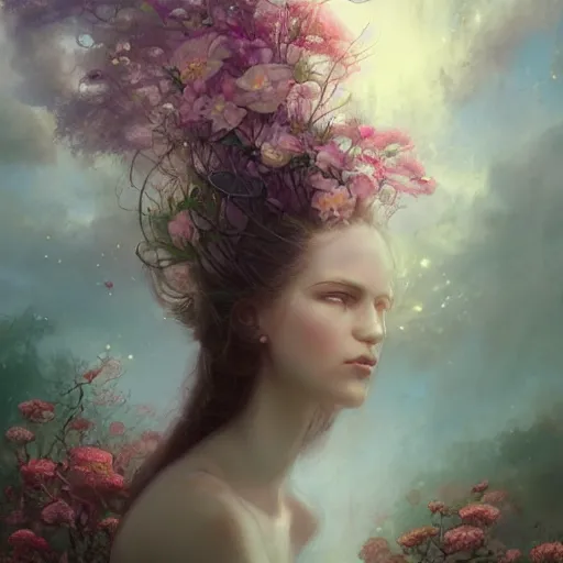 Prompt: A photorealistic rendering, full face and body portrait, long shot, pose, of a beautiful goddess, swarming in flowers, magical, pale skin, blue eyes, long black hair, floating in a misty daze, digital art by Pete Mohrbacher and Greg Rutkowski, Deviantart, Hemera, painting, photoshop, digitalart, digitalpainting, fantasy, goddess, light, photoshop, photoshoppainting