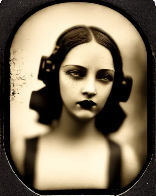 Image similar to [ [ [ tintype ] ] ] black and white dreamy young beautiful female artificial intelligence, metropolis, cinematic, rim light, bokeh, photo - realistic, elegant, high detail, 8 k, masterpiece, photo taken in 1 9 3 0